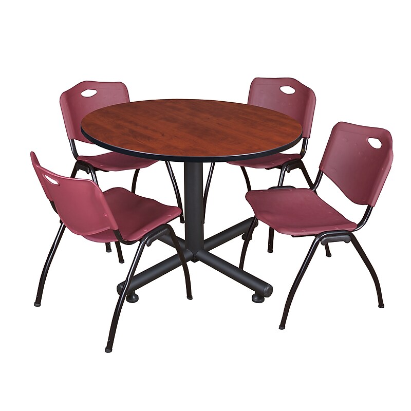 Regency 48" Round Table with 4 M Stacker Chairs, Burgundy with Cherry and Kobe Base (TKB48RNDCH47BY) image 1