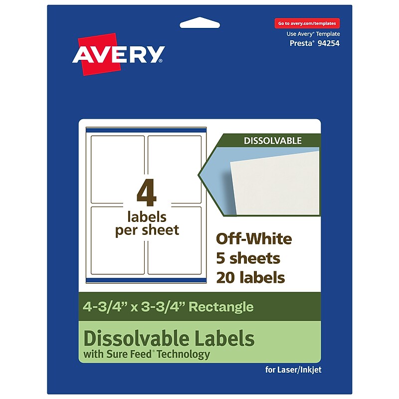 Avery Dissolvable Rectangle Multipurpose Labels, 4.75" x 3.75", Off-white, 20/Pack (94254) image 1