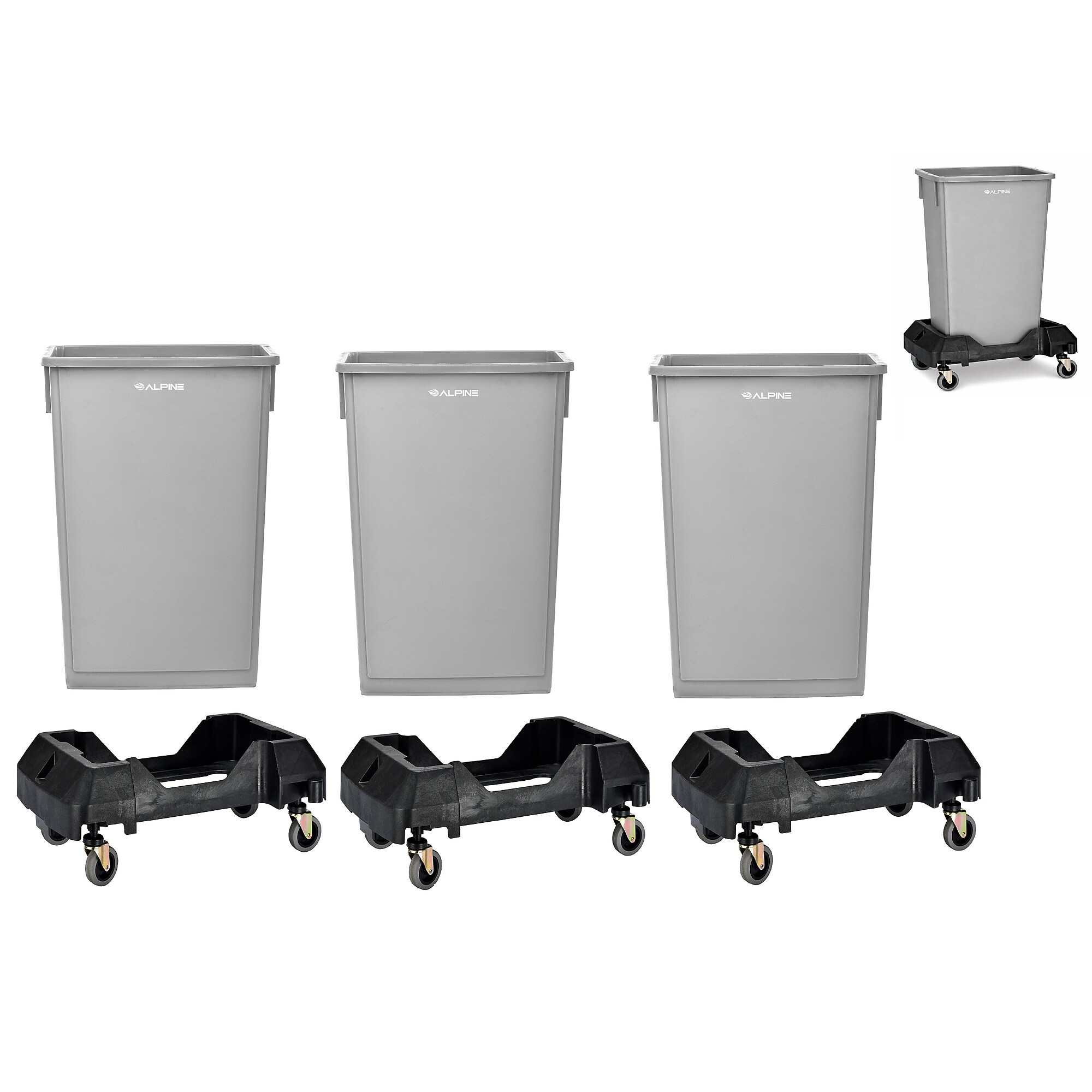 Alpine Industries Plastic Trash Can with Dolly, 23-Gallon, Gray, 3/Pack (ALP477-GRY-3PKD) Sansujyuku sansujyuku.com
