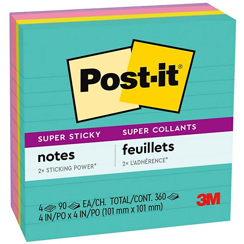 Post-it Super Sticky Notes, 4" x 4", Supernova Neons Collection, Lined, 90 Sheet/Pad, 4 Pads/Pack (675-4SSMIA) image 1