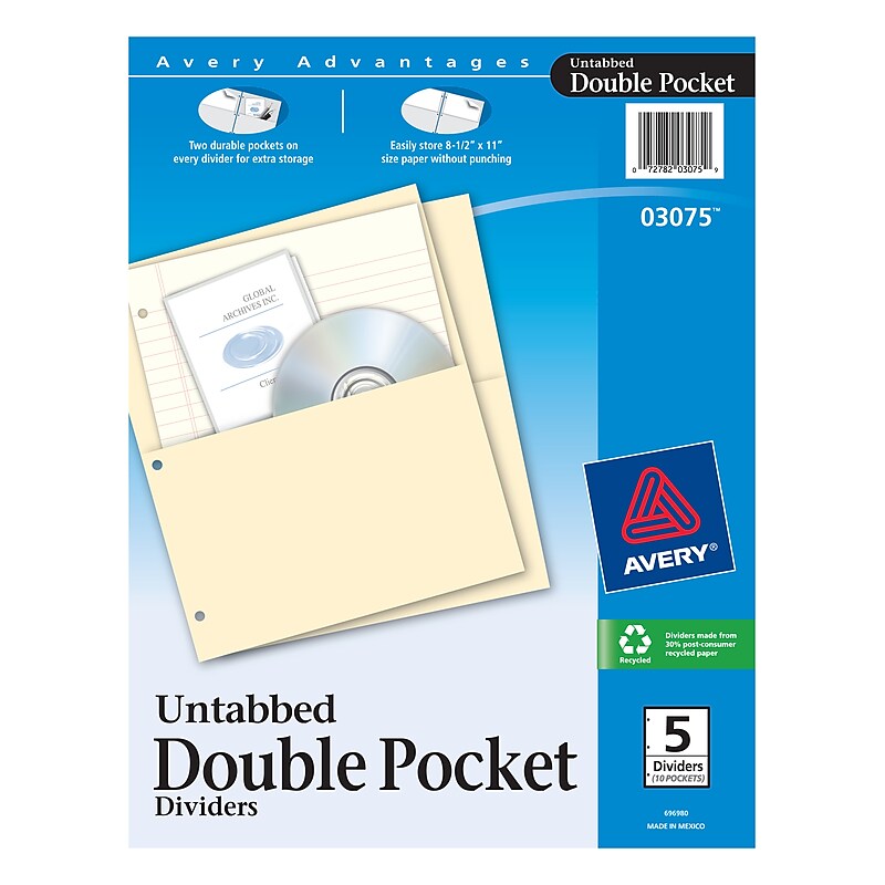 Avery Double Pocket Paper Dividers, Untabbed, Manila, 5 Dividers/Pack (03075) image 1