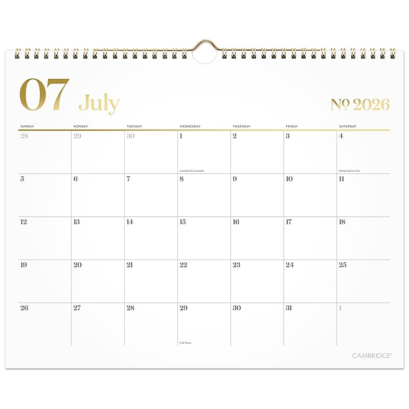 2026-2027 Cambridge Workstyle 15" x 12" Academic Monthly Wall Calendar, White/Gold (1606-707A-27) image 1