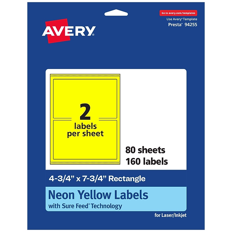 Avery Rectangle Multipurpose Labels, 4.75" x 7.75", Neon Yellow, 160/Box (94255) image 1