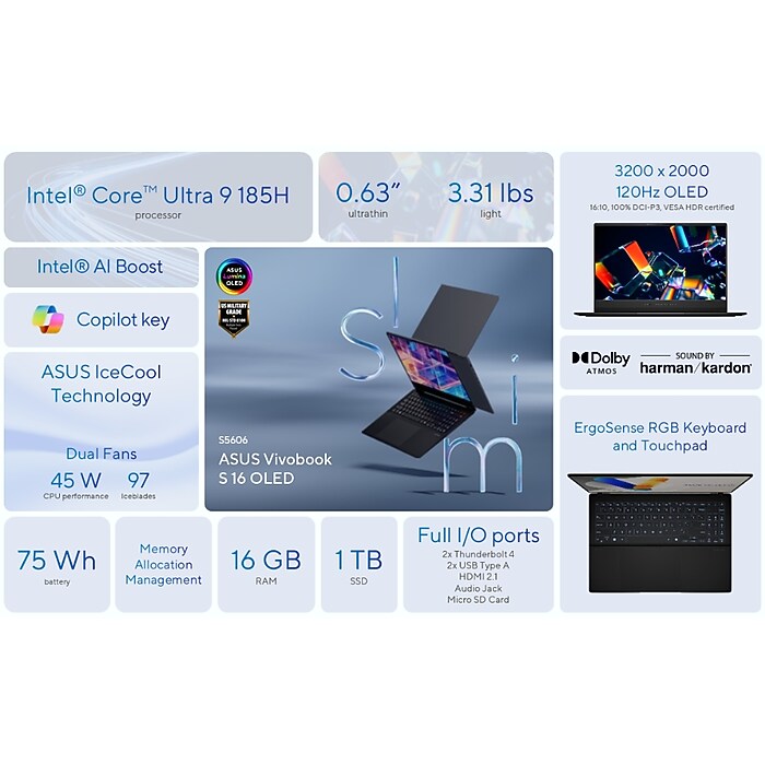 ASUS Vivobook S 16 2.8K OLED AI Laptop, Intel Core Ultra 9