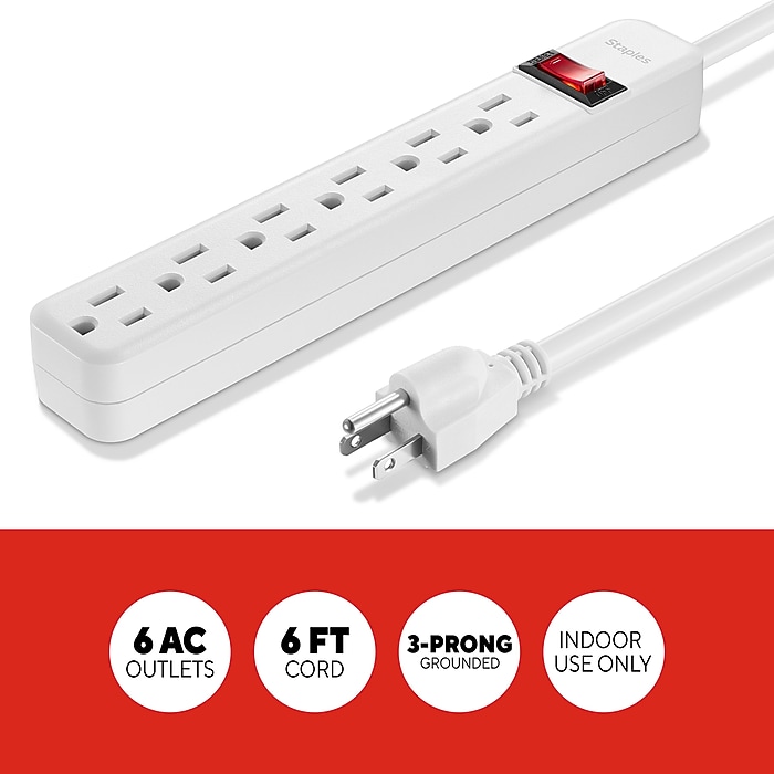 Staples TECH 6-Outlet Power Strip, 6' Cord, White (17651) | Staples
