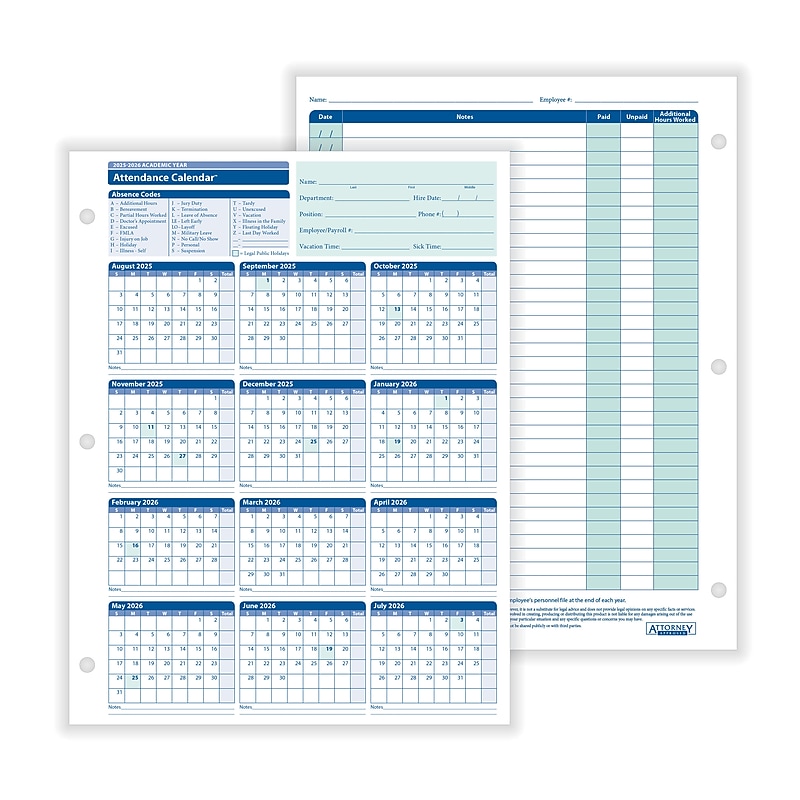 ComplyRight 2025-2026 Academic Year Attendance Calendar Cards, 50/Pack (A43005015) image 1