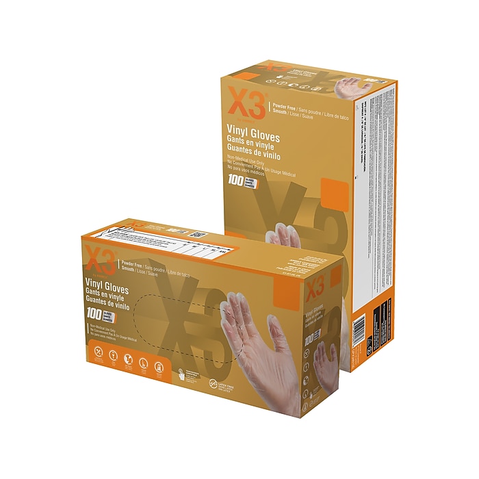 X3 Powder Free Vinyl Gloves, Latex Free, Clear, Large, 100/Box