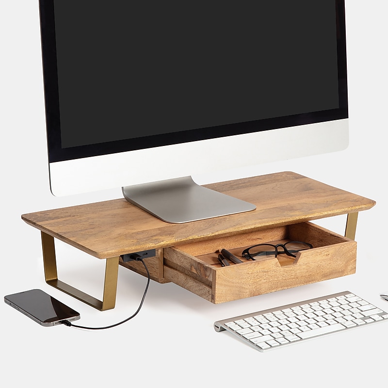 Anji Mountain Mango Wood & Metal Monitor Stand with Two USB Ports and Drawer, Up to 32" Monitor, Natural (MS-MNG-06GLD-PD) image 1
