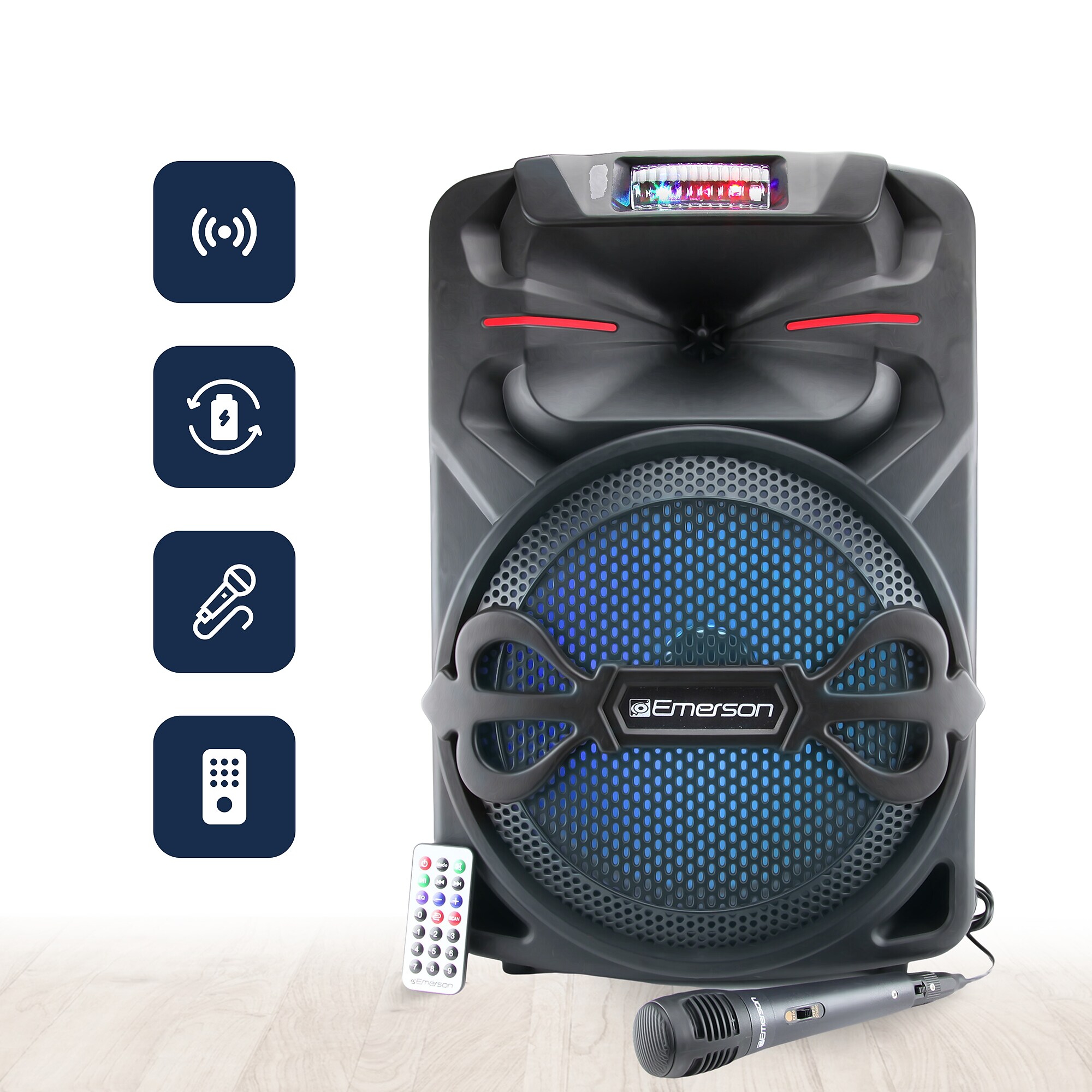 Emerson EDS-1200 Portable Bluetooth Party Speaker with Wireless Microphone, Black (EDS-1200) Simolary simolary.com