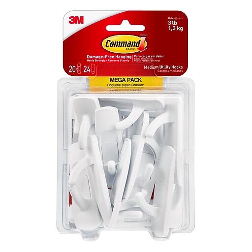 Command Medium Utility Hooks Mega Pack, 3 lb., White, 20/Pack