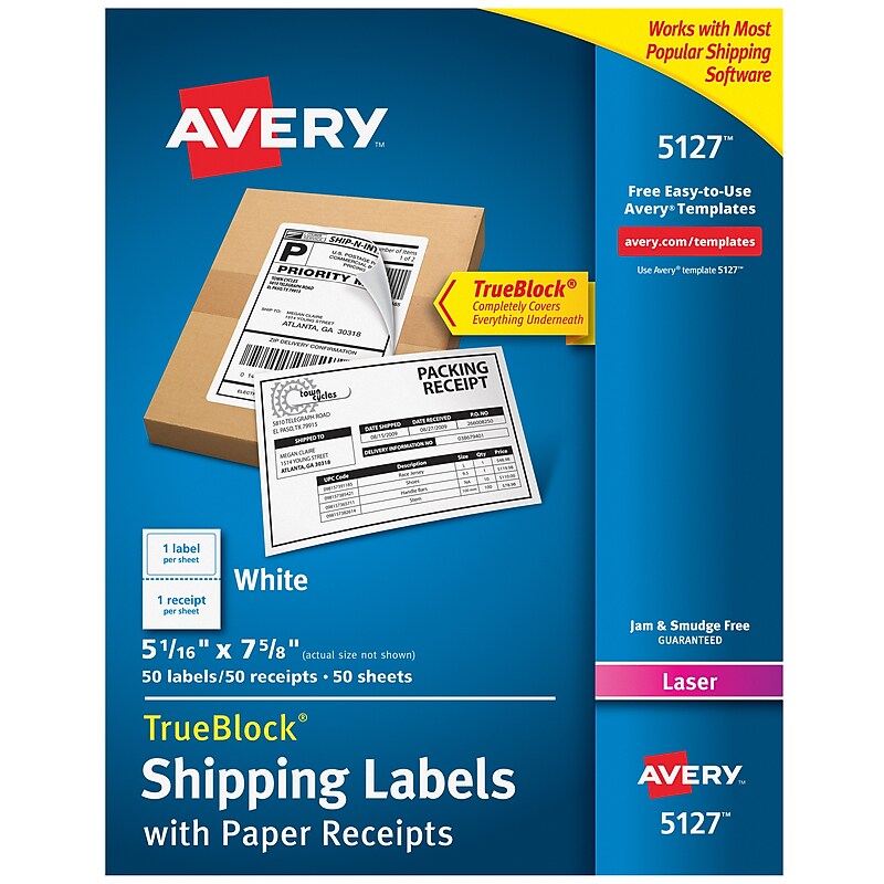 Avery TrueBlock Laser Shipping Labels with Paper Receipts, 5-1/16" x 7-5/8", White, 50 Labels/Box (5127) image 1