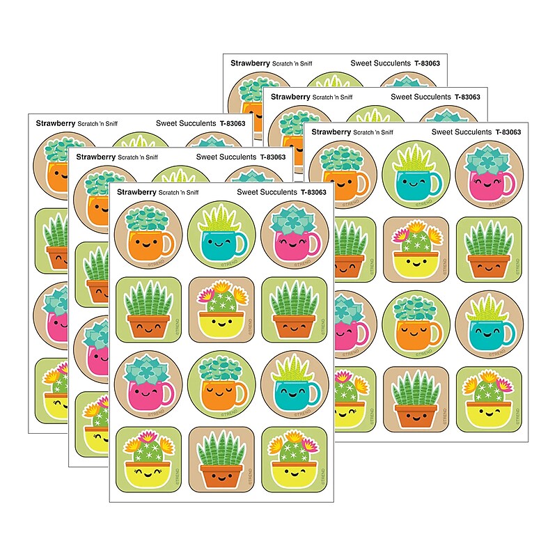 Trend Enterprises Sweet Succulents Strawberry Scent Scratch 'n Sniff Stinky Stickers, Multicolored, 48/Pack, 6/Packs/Bundle image 1