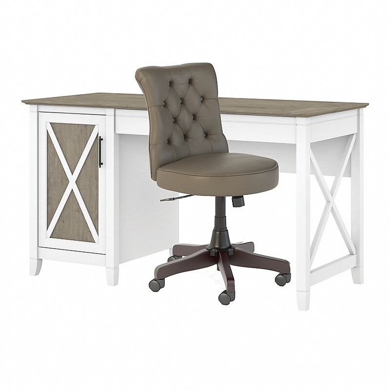 Bush Furniture Key West 54"W Computer Desk with Storage and Mid-Back Tufted Office Chair, Shiplap Gray/Pure White (KWS020G2W) image 1