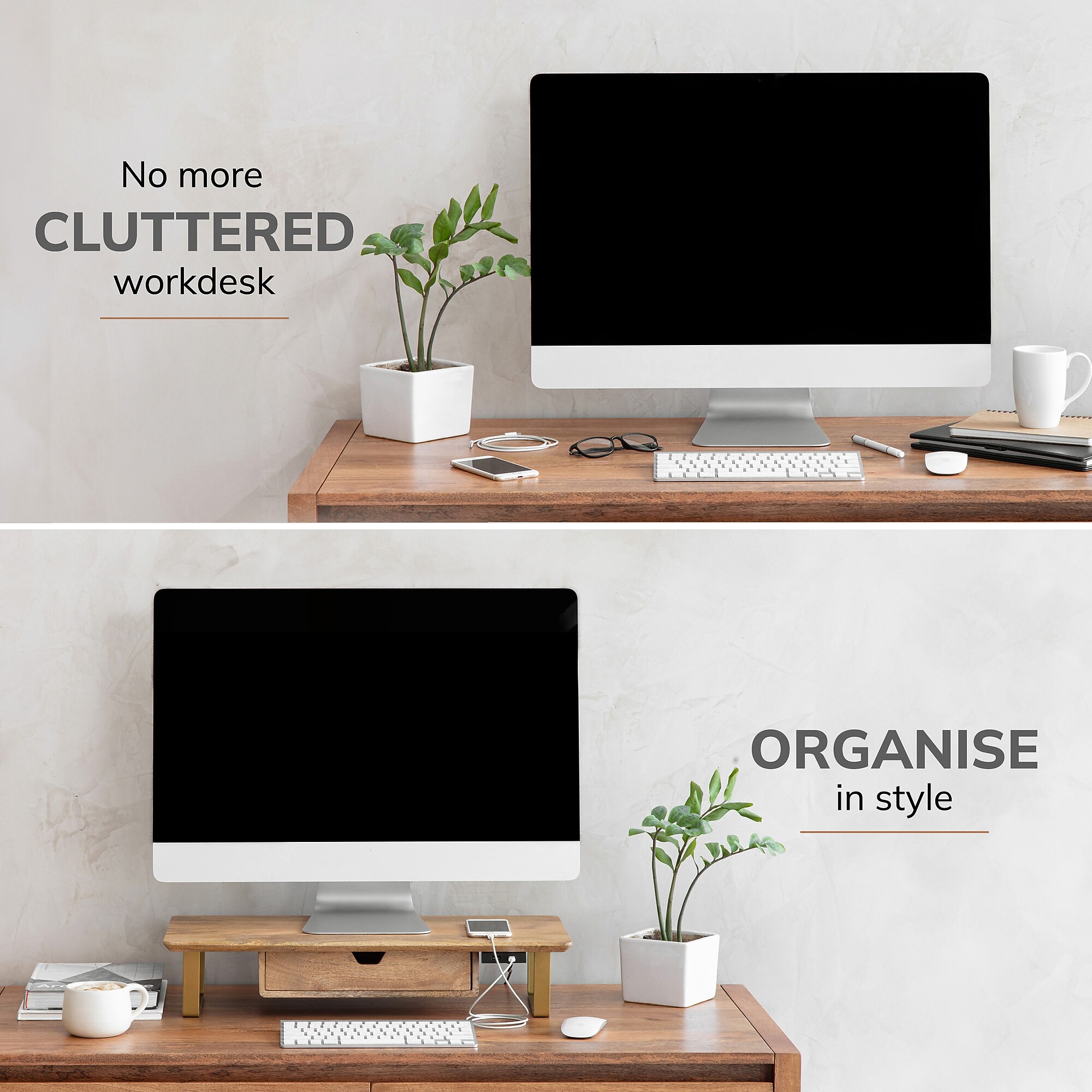 Anji Mountain Mango Wood & Metal Monitor Stand with Two USB Ports and Drawer, Up to 32″ Monitor, Natural (MS-MNG-06GLD-PD) Sansujyuku sansujyuku.com