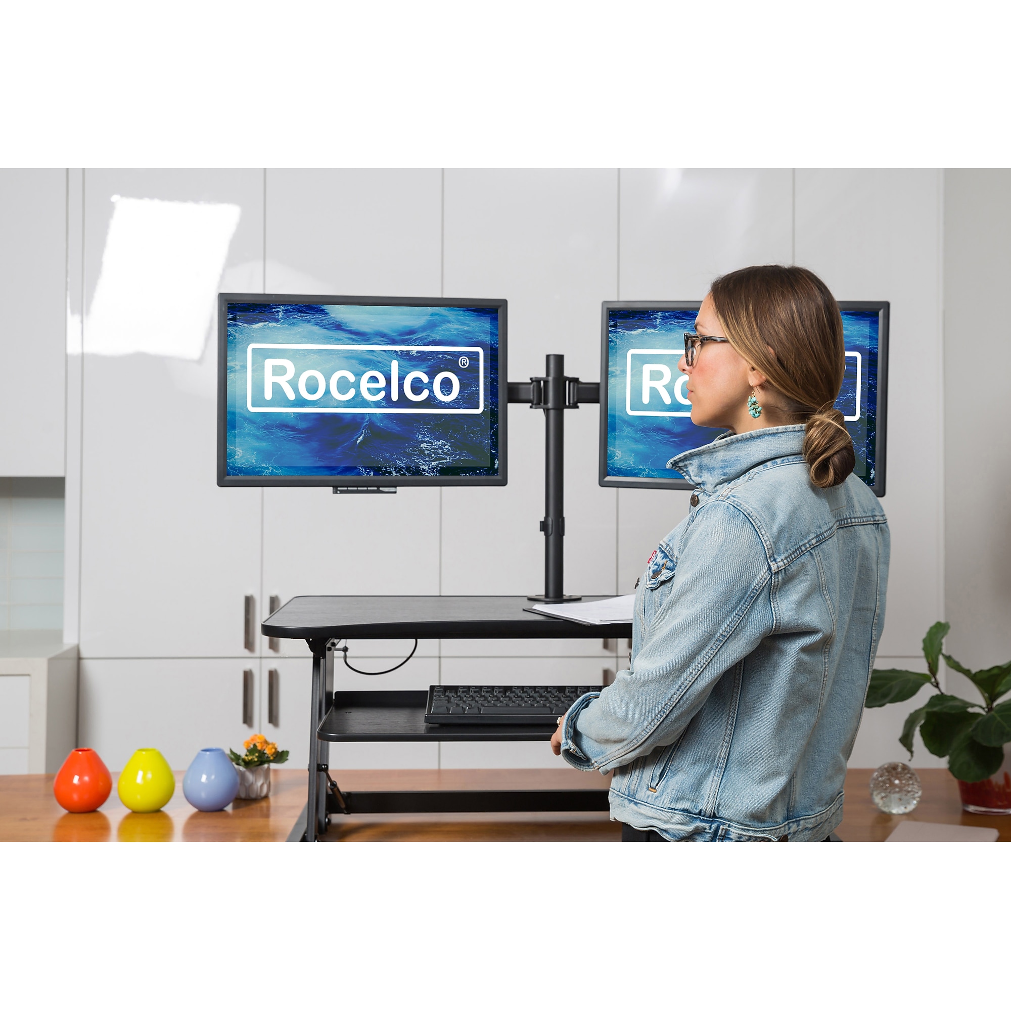 Rocelco 37.5″ Height Adjustable Standing Desk Converter with Dual Monitor Mount, Sit Stand Up Riser, Black (R DADRB-DM2) Sansujyuku sansujyuku.com