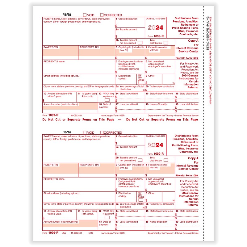 ComplyRight 2024 1099-R Tax Form, 1-Part, 2-Up, Federal Copy A, 50/Pack (514050) image 1