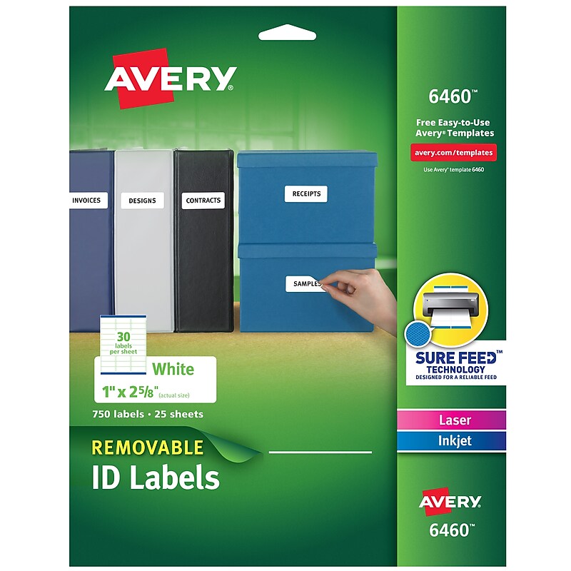 Avery Sure Feed Laser/Inkjet ID Labels, 1" x 2-5/8", White, 750 Labels/Pack (6460) image 1