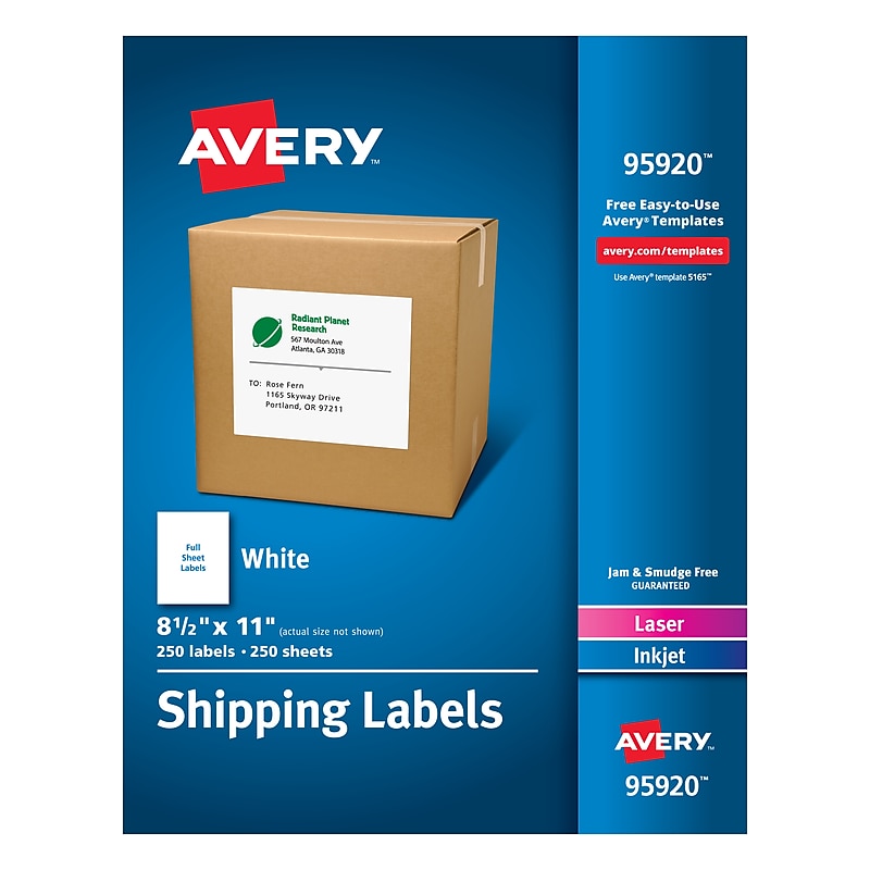 Avery Laser/Inkjet Shipping Labels, 8-1/2" x 11", White, 250 Labels/Box (95920) image 1