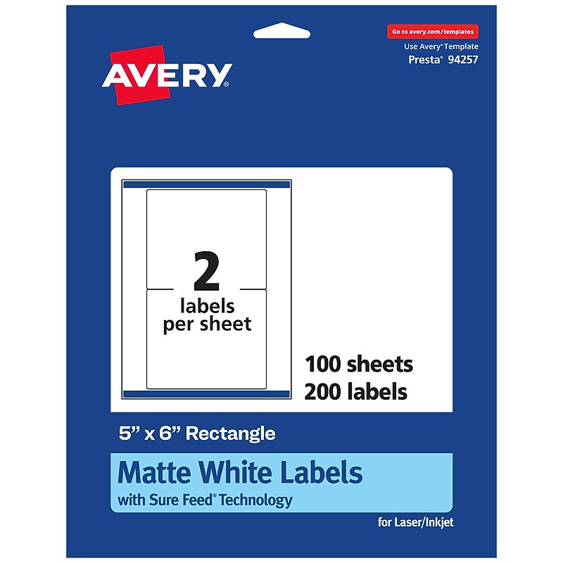 Avery Laser/Inkjet Multipurpose Rectangle Labels, 5" x 6", White, 200 Labels/Box (94257) image 1
