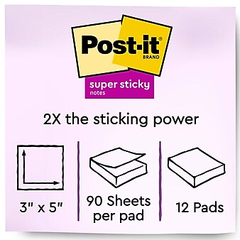 Post-it® Super Sticky Notes, 3" x 5", Canary Yellow, 90 Sheets/Pad, 12 Pads/Pack (655-12SSCY)