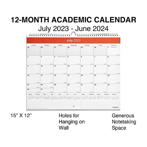 20232024 Staples 15" x 12" Academic Monthly Wall Calendar, Red/White