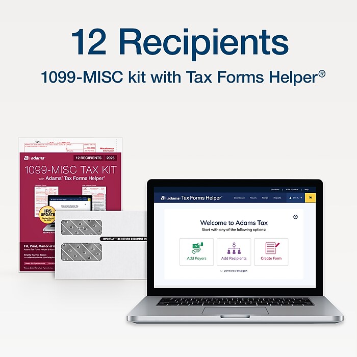 Adams 2025 1099-MISC Tax Forms Kit, 4-Part, 2-Up, A, 1, B & 2, 12