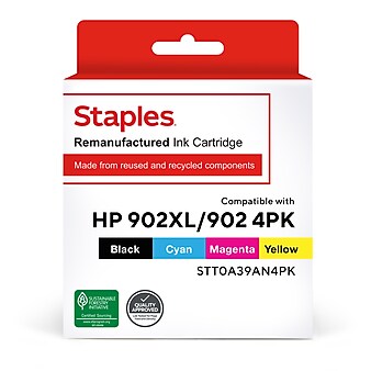 Staples Remanufactured Black High Yield and Color Standard Yield Ink Cartridge Replacement for HP 902XL/902 (STT0A39AN), 4/Pack