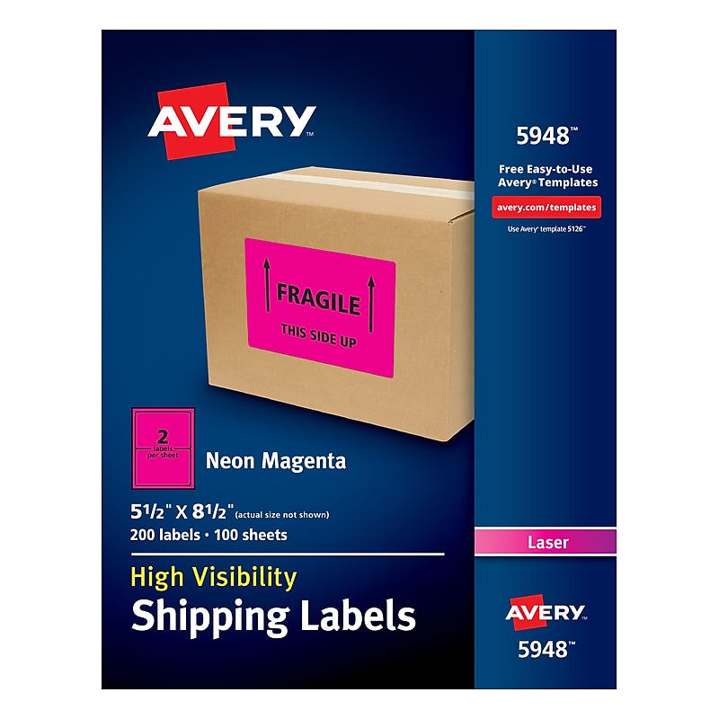 Avery Laser Shipping Labels, 5 1/2" x 8 1/2", Neon Magenta, 200 Labels/Box (5948) image 1
