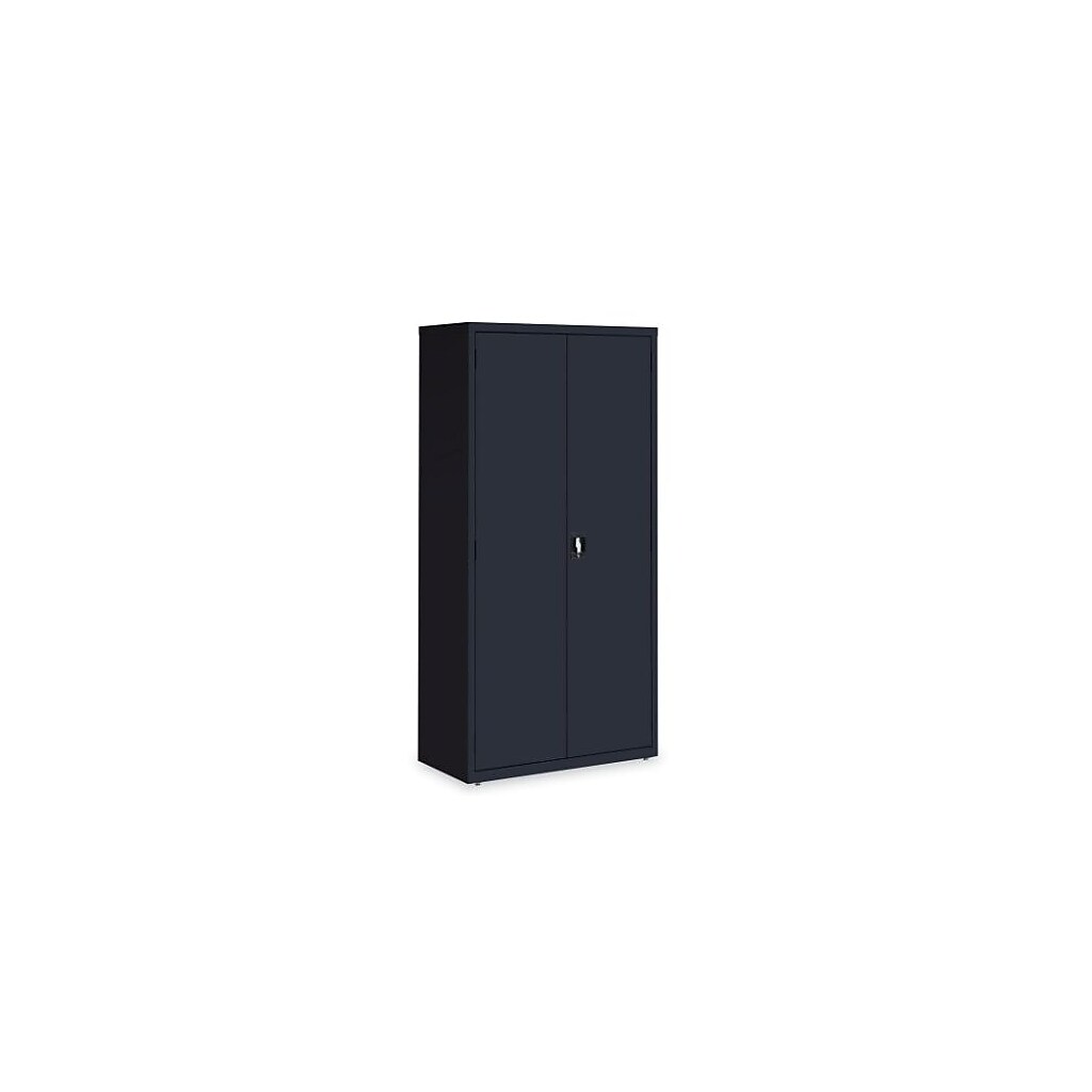 Dark storage cabinet shown from a 3/4 view with two doors and central lock