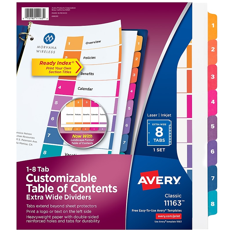 Avery Ready Index Table of Contents Extra-Wide Paper Dividers, 1-8 Tab, Multicolor (11163) image 1
