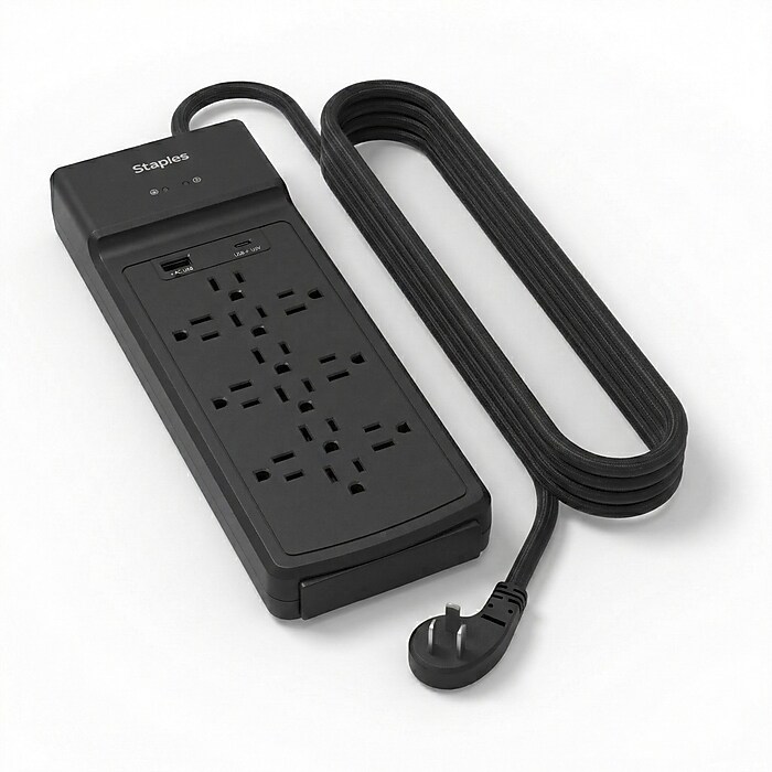 Staples TECH 12-Outlet 2-USB Port Surge Protector, 8', 3900 Joules