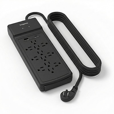 Staples TECH 12-Outlet 2-USB Port Surge Protector, 8′, 3900 Joules, Black (ST62774) Simolary simolary.com