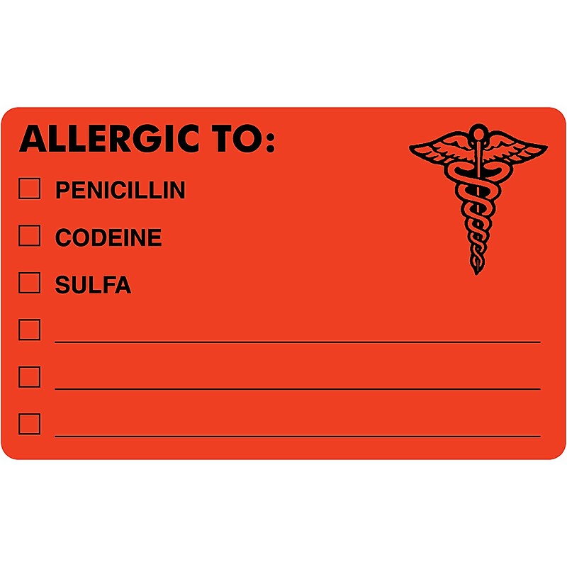 Tabbies "ALLERGIC TO:" Medical Labels, 2 1/2" x 4", Fluorescent Red, 100/Roll (TAB00488) image 1