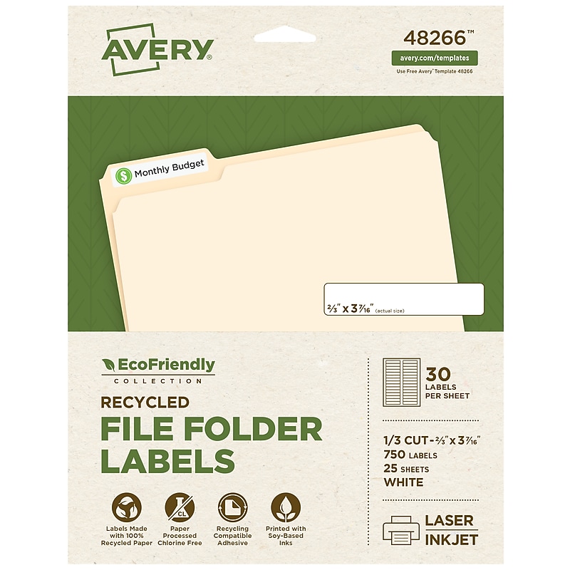 Avery EcoFriendly Laser/Inkjet File Folder Labels, 2/3" x 3-7/16", White, 750 Labels/Box (48266) image 1