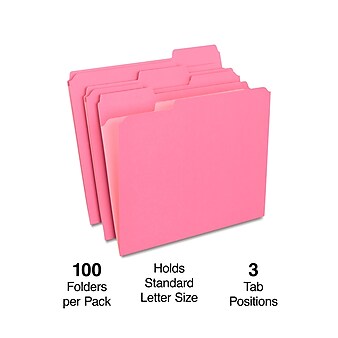 Staples Reinforced File Folders, 1/3-Cut Tab, Letter Size, Pink, 100/Box (508952)