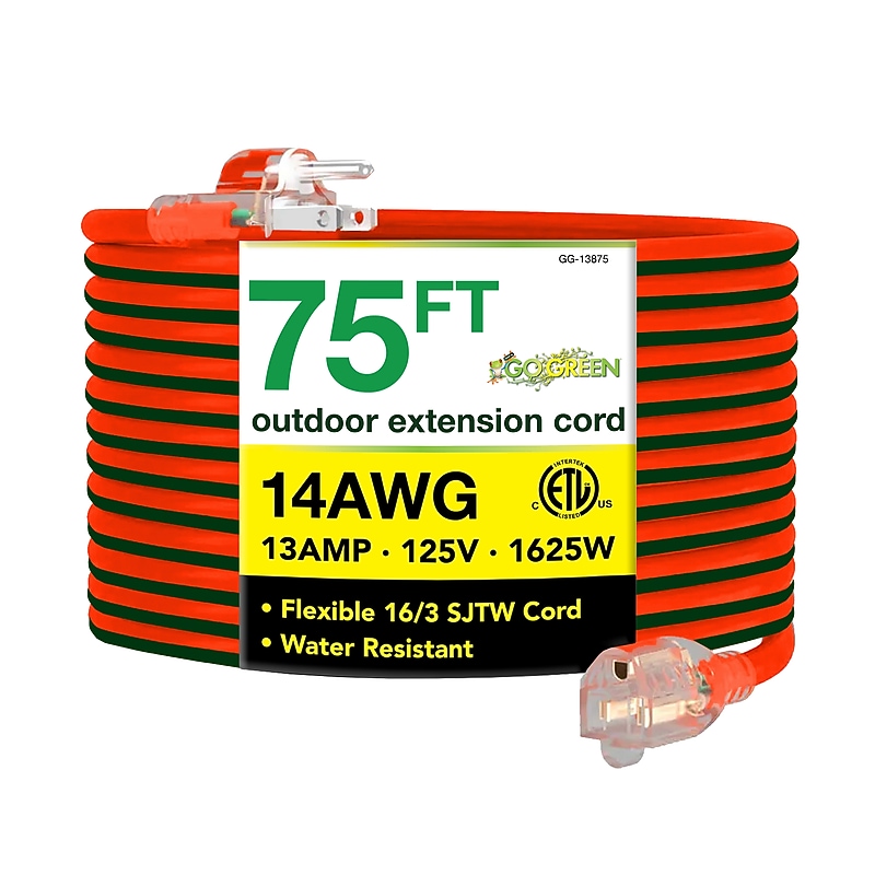 Power By GoGreen Heavy Duty Extension Cord Lighted End 75' Extension Cord, 14-Gauge, Orange (GG-13875) image 1