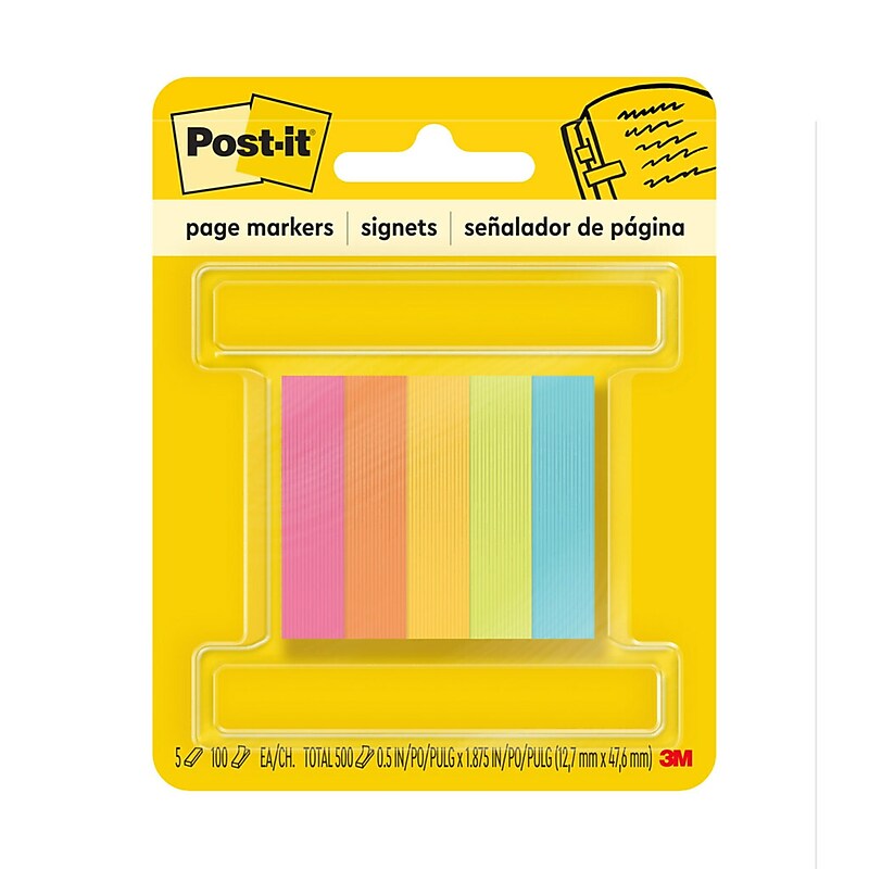 Post-it Page Markers, Assorted Colors , .5 in. x 1.875 in., 100 Sheets/Pad, 5 Pads/Pack (6705AN) image 1