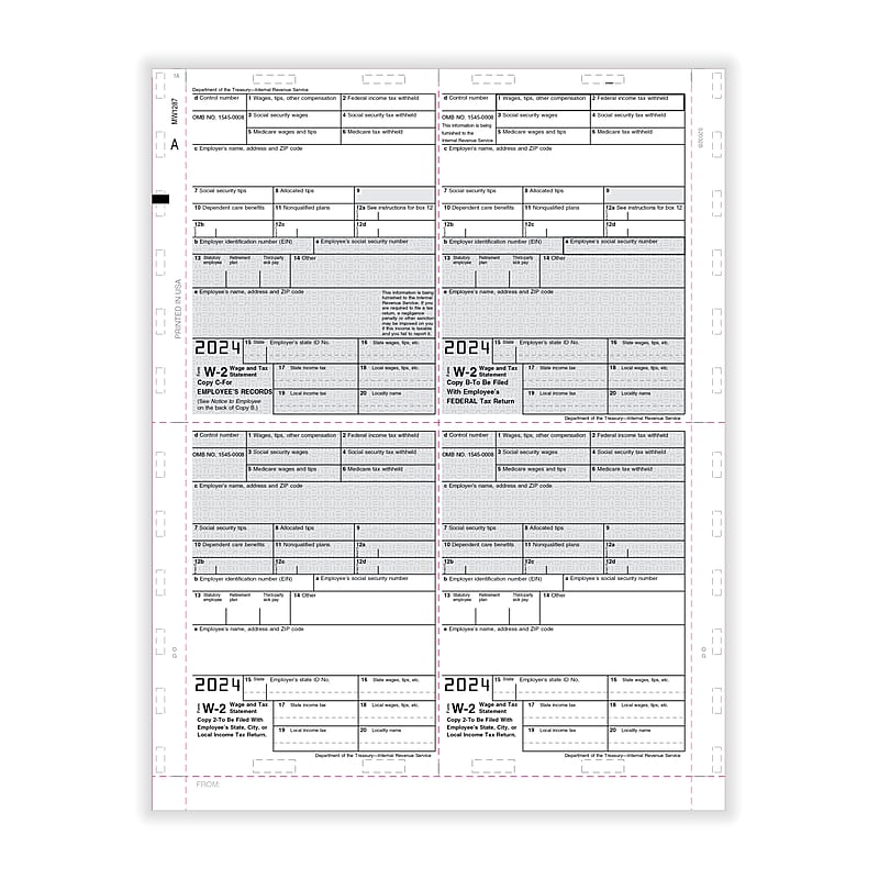 ComplyRight 2024 W-2 Tax Form, 1-Part, 4-Up, Copy B, C, 2, or Extra, 500/Pack (PS1287) image 1