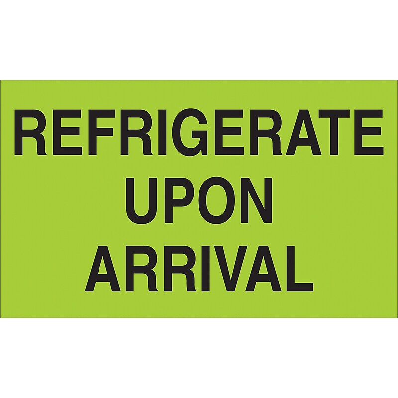 Tape Logic "Refrigerate Upon Arrival" Climate Labels, 3" x 5", Fluorescent Green, 500/Roll (DL2601) image 1