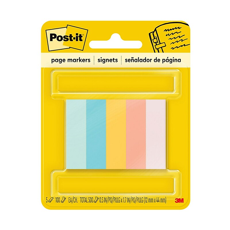 Post-it Page Markers, Assorted Bright Colors, .5 in. x 1.7 in., 100 Sheets/Pad, 5 Pads/Pack (670-5AF2) image 1
