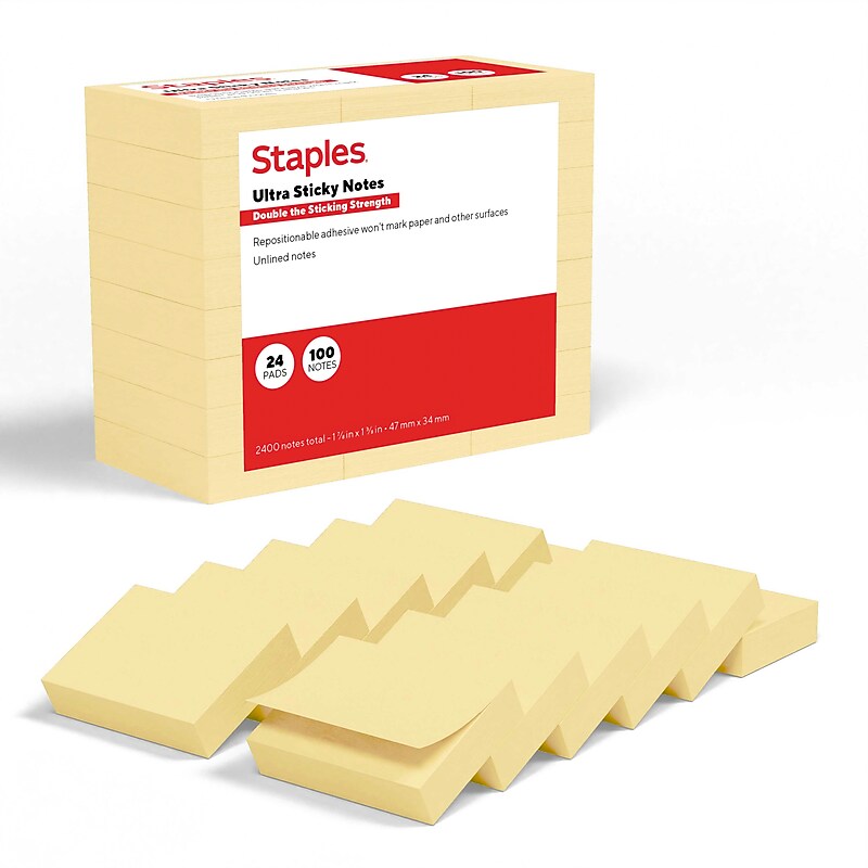 Staples Ultra Sticky Notes, 1 3/8" x 1 7/8", Sunshine Collection, 100 Sheets/Pad, 24 Pads/Pack (ST62878) image 1