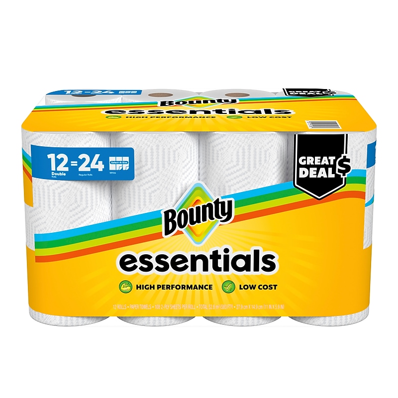 Bounty Essentials Select-A-Size Double Roll Paper Towels, 2-ply, White, 108 Sheets/Roll, 12 Rolls/Pack (11093) image 1