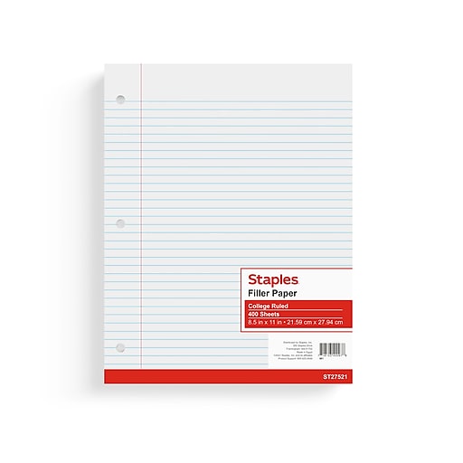 Staples College Ruled Filler Paper, 8.5 x 11, White, 400 Sheets/Pack (ST27521D)