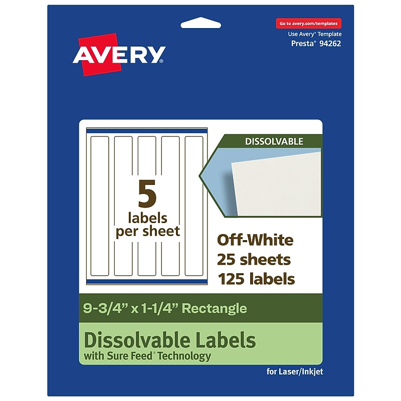 Avery Dissolvable Rectangle Multipurpose Labels, 9.75" x 1.25", Off-white, 125/Pack (94262) image 1