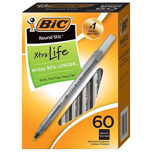 BIC Round Stic XtraLife Ballpoint Pen, Medium Point, Black Ink, 60