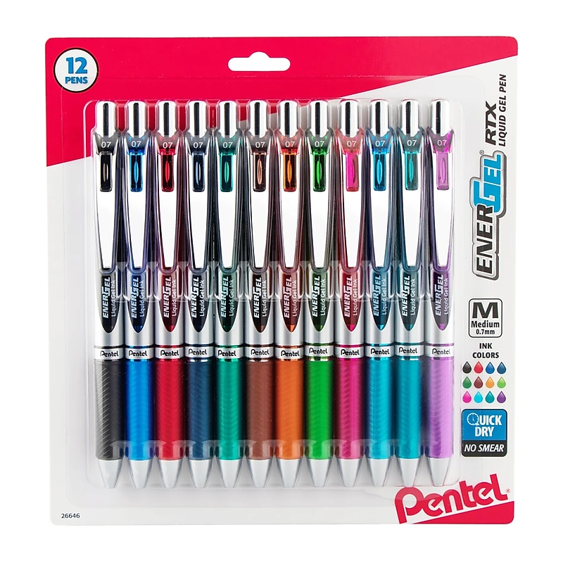 Pentel EnerGel RTX Retractable Gel Pens, Medium Point, 0.7mm, Assorted Ink, Dozen (BL77BP12M) image 1