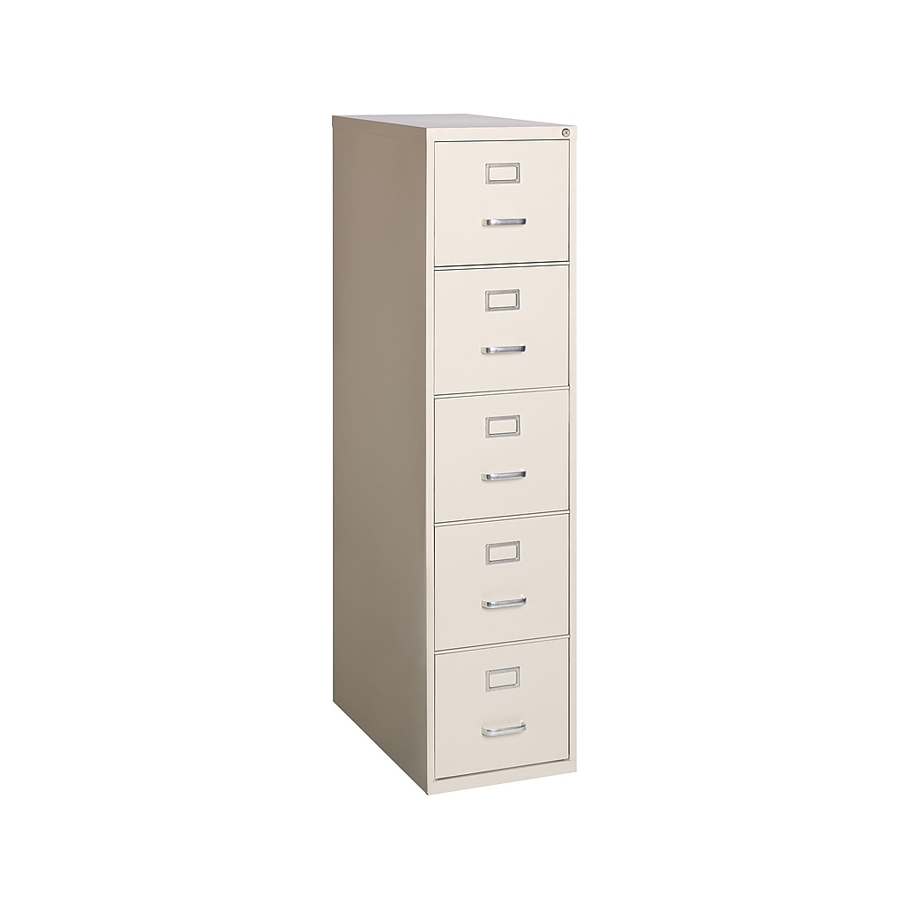Tall beige vertical filing cabinet with five closed drawers