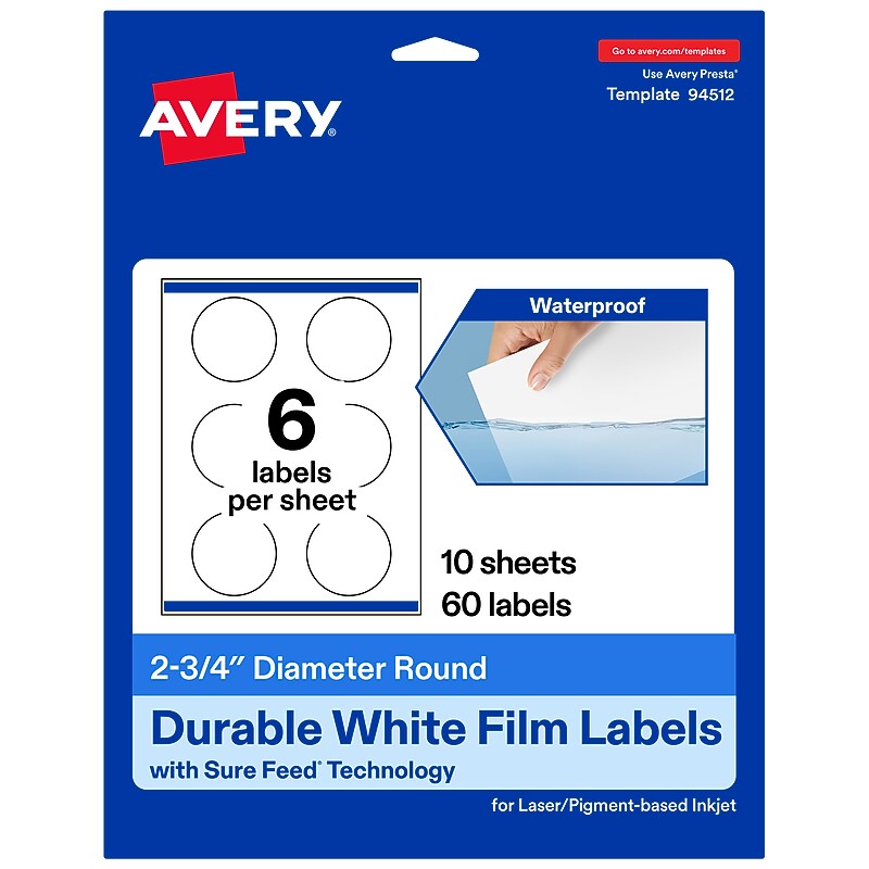 Avery Laser/Inkjet Circle  Waterproof Multipurpose Labels, 2.75"  Dia, White, 60/Pack (94512) image 1