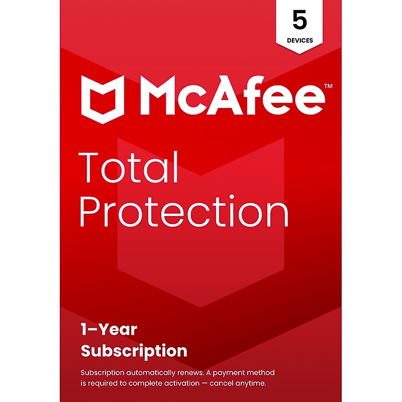McAfee Total Protection for 5 Devices, 1-Year Subscription with Auto-Renewal, Product Key Card (MTP51EST5RAAM) image 1