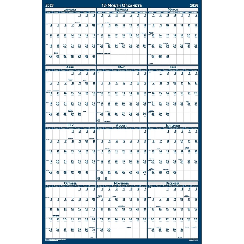 2026 House of Doolittle 33" x 66" Yearly Dry Erase Wall Calendar, Reversible, Blue (3962-26) image 1